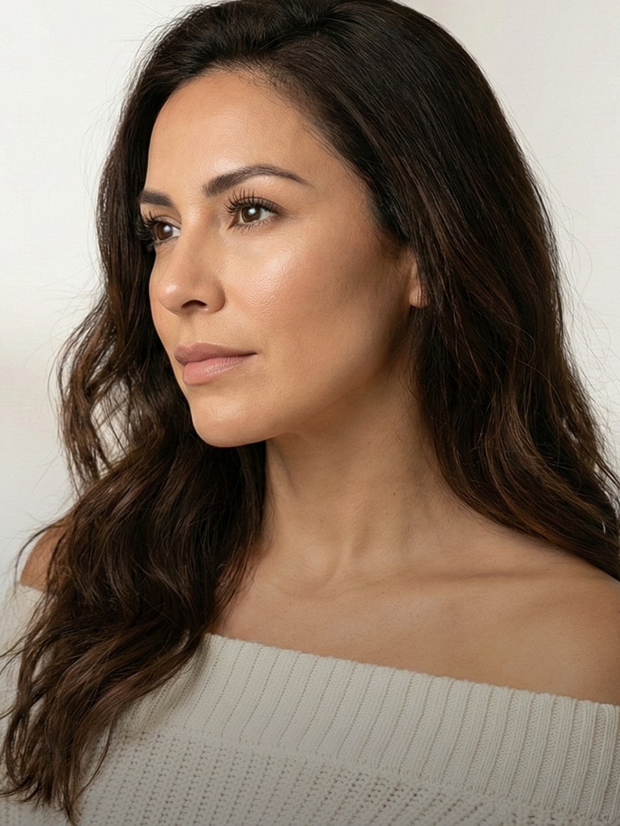 Side profile of a woman with long hair.